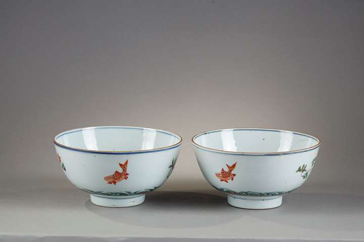 Pair bowl Famille verte porcelain with fish